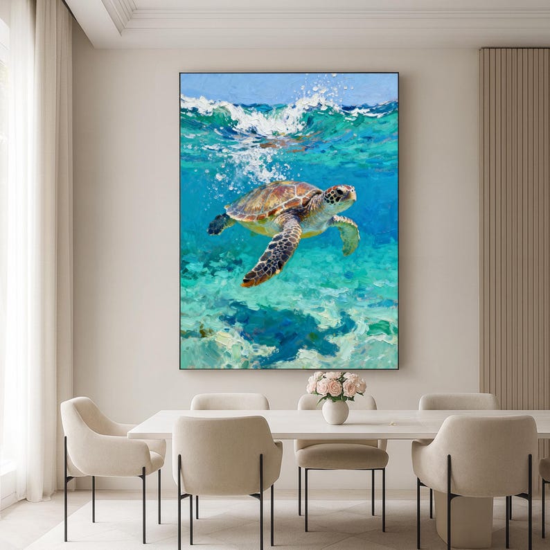 Original Large Sea Turtle Oil Painting – Hand Painted Ocean Animal Art ...
