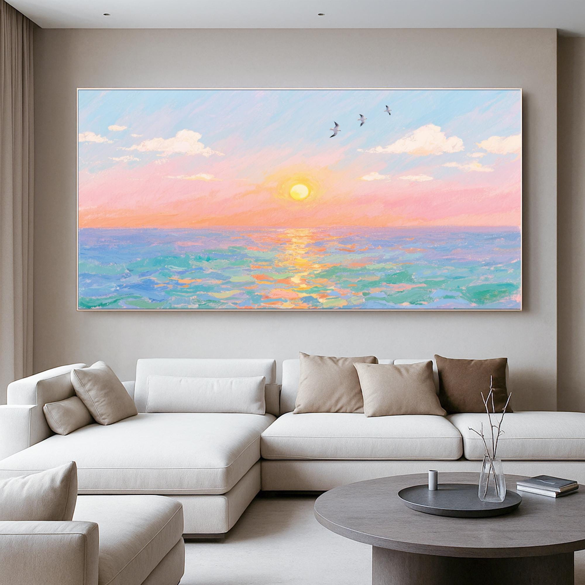 Sunset Ocean Wall Art Canvas Print | Pastel Seascape Painting for ...