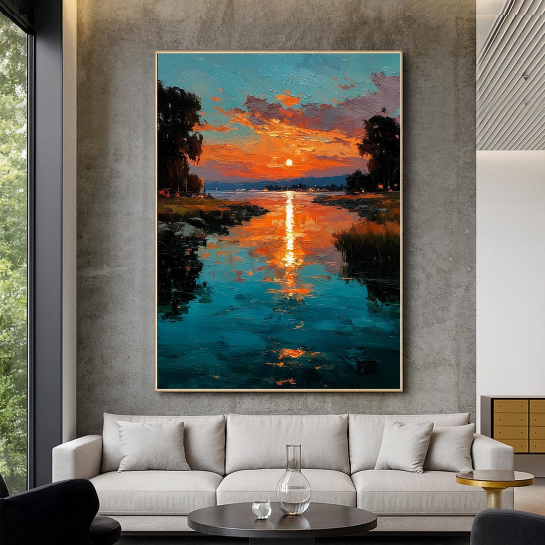 Original Sunset Landscape Oil Painting on Canvas, Hand Painted Lake ...