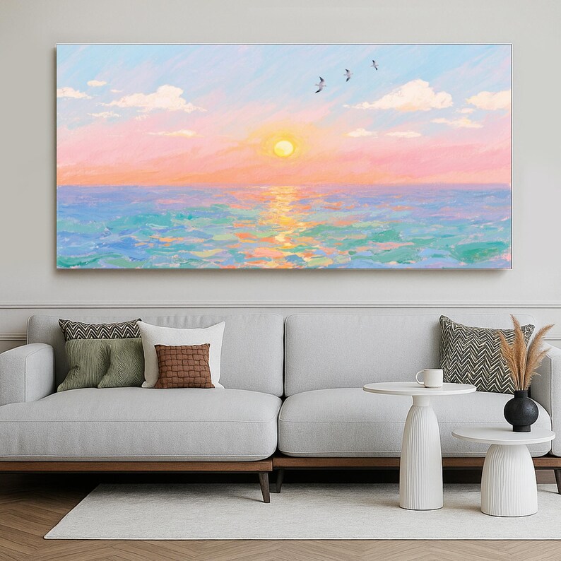 Sunset Ocean Wall Art Canvas Print | Pastel Seascape Painting for ...