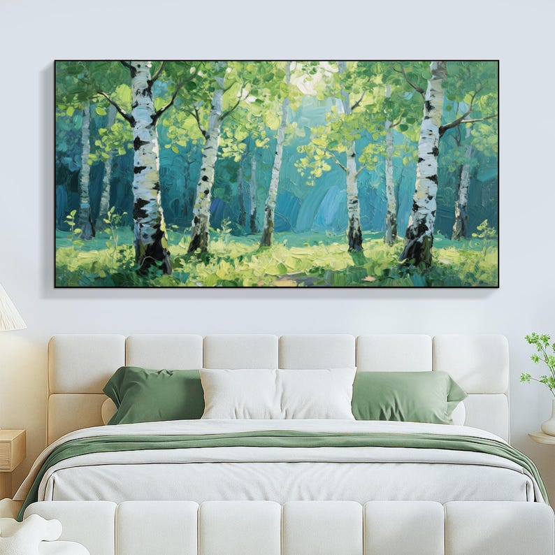 Textured Tree Painting Large Spring Sunlit Green Leaves Blue Woodland ...