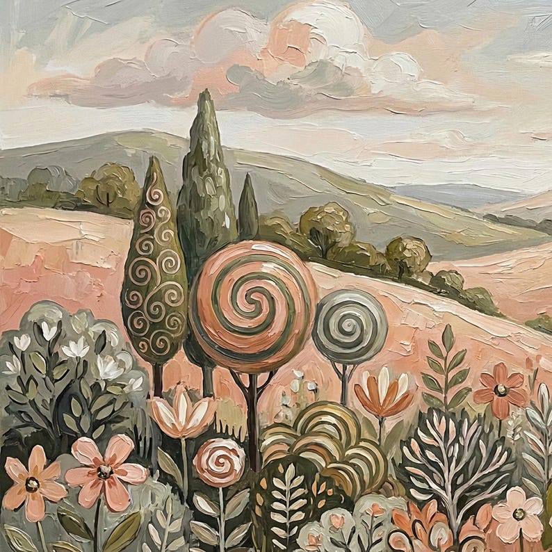 Pu&ograve; includere: Dipinto a olio di un paesaggio stravagante con alberi stilizzati con disegni a spirale e a volute e una variet&agrave; di fiori. La tavolozza dei colori comprende rosa tenui, verdi e tonalit&agrave; della terra tenui, con un cielo nuvoloso sullo sfondo.