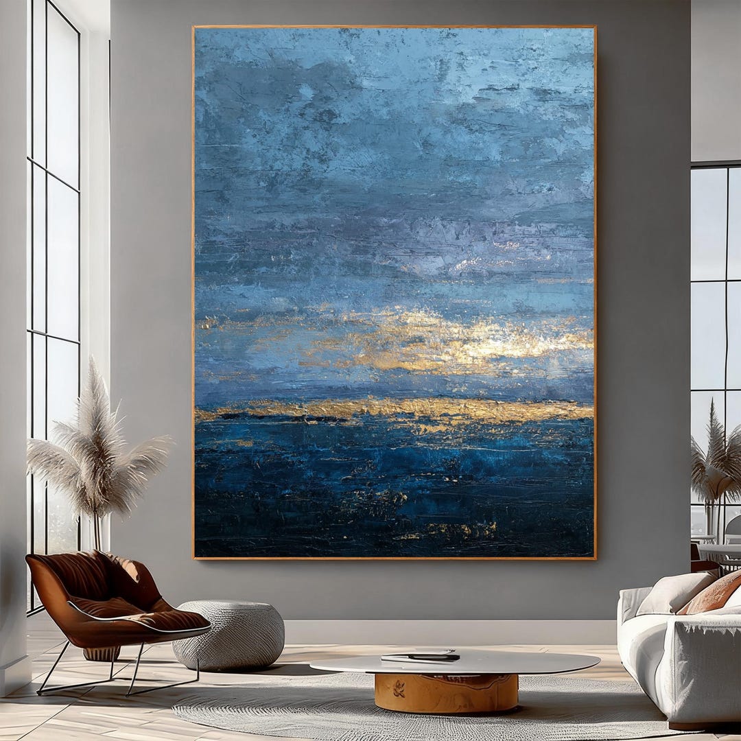 Large Abstract Blue and Gold Oil Painting on Canvas, Hand Painted ...