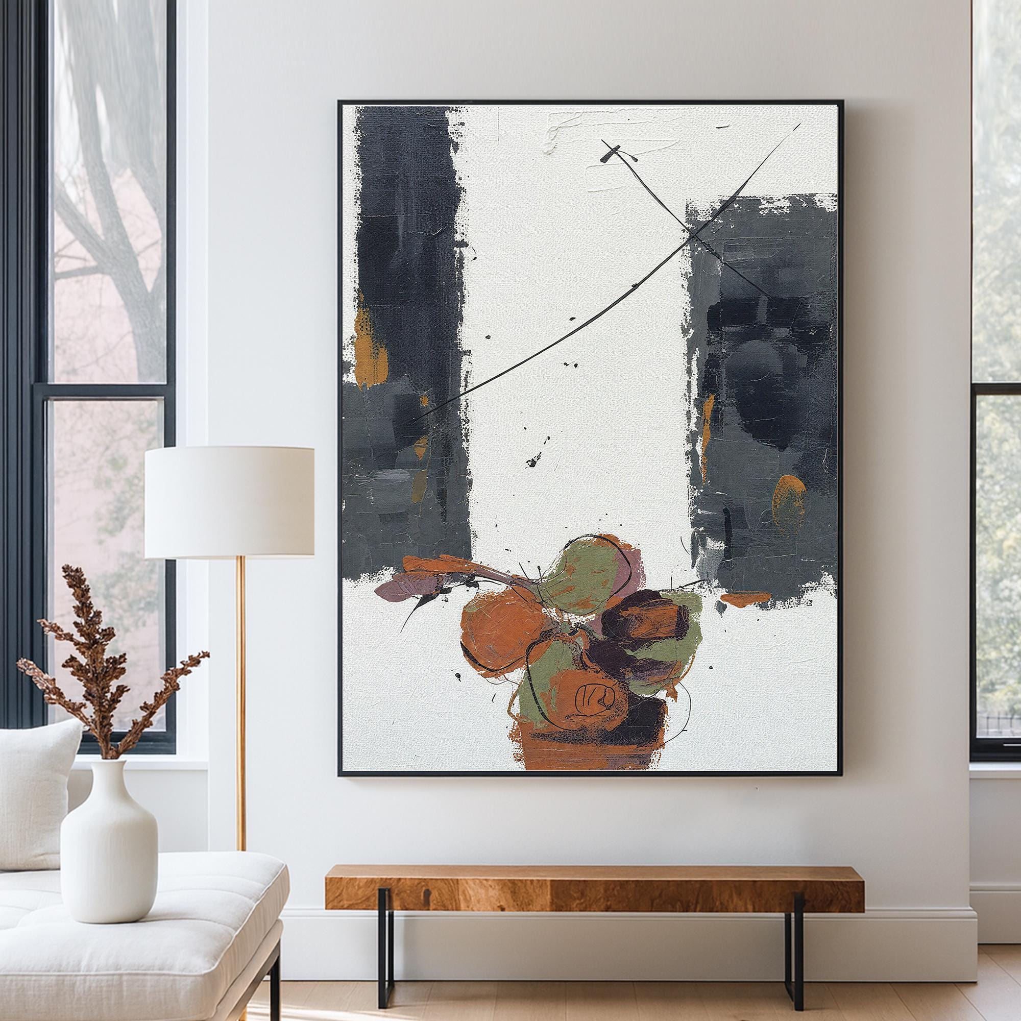 ドブロブニク キャンバス油絵 キャンバスに描かれたオリジナルの抽象静物油絵、フルーツボウルと黒と