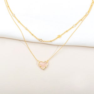 Rose Quartz Heart Pendant Necklace • 14k Gold Plated Layered Chain