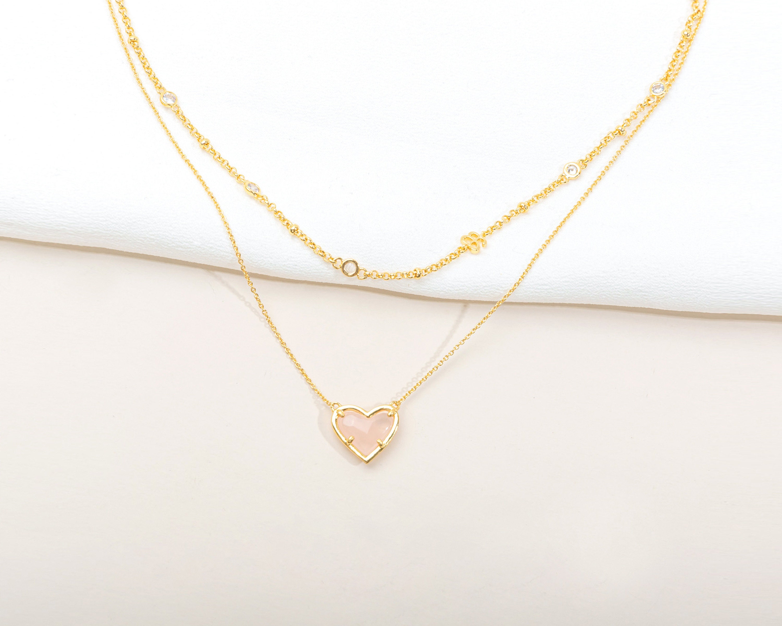 Rose Quartz Heart Pendant 2-strand Necklace • Gold Tone Pink Love Heart Multi-strand Layered Necklace • Bridesmaids • Alicia Bonnie