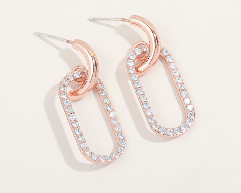 feather light,Cubic Zirconia,Statement Earrings,Sterling Silver Post Oval Hoop Earrings Bridesmaid Gift,14K Rose Gold Plated,Alicia Bonnie