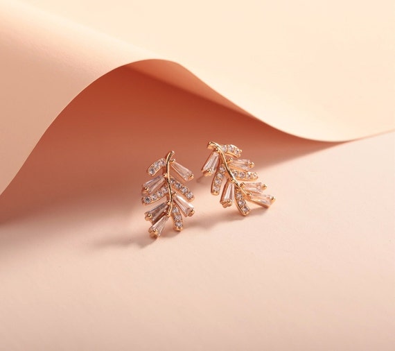 Rose Gold Leaf Studs Earrings Olive Leaf Earrings CZ Dainty bomb