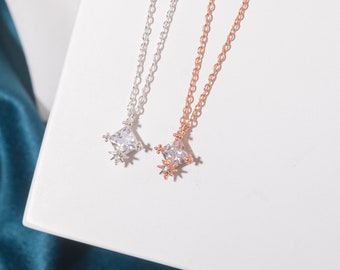 Sterling Silver Solitaire Cubic Zirconia Crystal Necklace • Wedding Jewelry • Platinum Vermeil • Rose Gold Vermeil • Alicia Bonnie