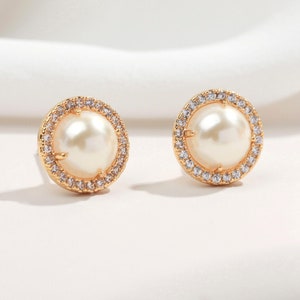 Perfect Gift for Her, Pearl Earrings, Round Halo Cubic Zirconia, Sterling Silver Post, Bridesmaid Gift, 14K Gold Plated, Alicia Bonnie
