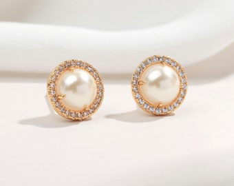 Perfect Gift for Her, Pearl Earrings, Round Halo Cubic Zirconia, Sterling Silver Post, Bridesmaid Gift, 14K Gold Plated, Alicia Bonnie