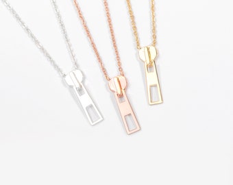 Dangle Zip Pendant Necklace • Handmade Jewelry • Cute Zipper Design • Dainty Necklace • Gold, Rose Gold, Platinum Plated • Alicia Bonnie