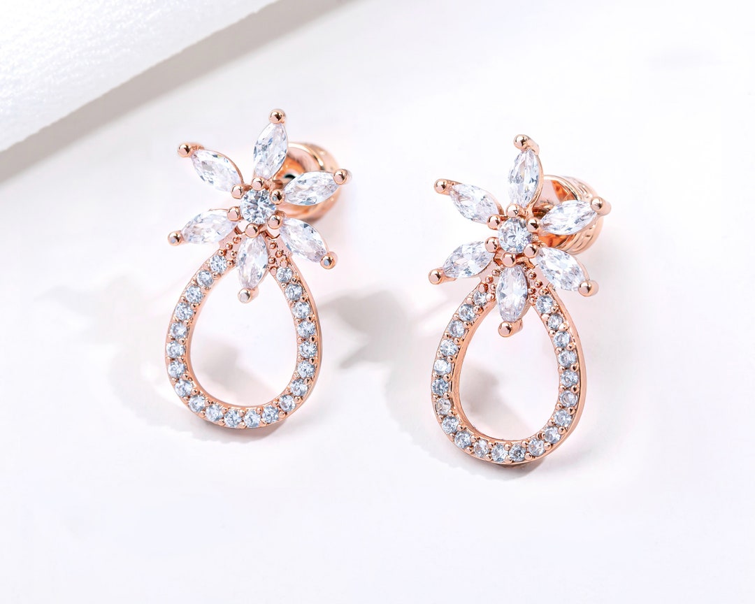 Rose Gold Flower Hoop Crystal Pave Earrings Cubic Zirconia Sterling