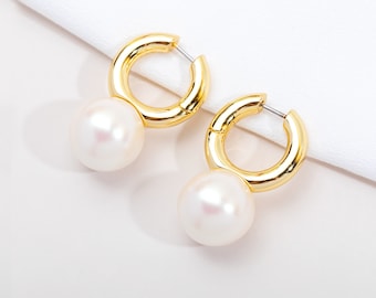 Gold tone Pearl Drop Earrings • Pearl Mini Hoop Huggie Earrings • Handmade Jewelry • Bridal • Mother of Pearl • Gift for Her • Alicia Bonnie