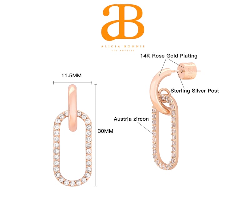 feather light,Cubic Zirconia,Statement Earrings,Sterling Silver Post Oval Hoop Earrings Bridesmaid Gift,14K Rose Gold Plated,Alicia Bonnie