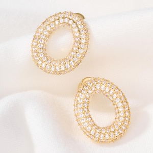 Gold Oval CZ Stud Earrings • Sparkly Micro Pave Earrings for Events • Bold Glamorous Jewelry • Night Out Statement Style • Alicia Bonnie