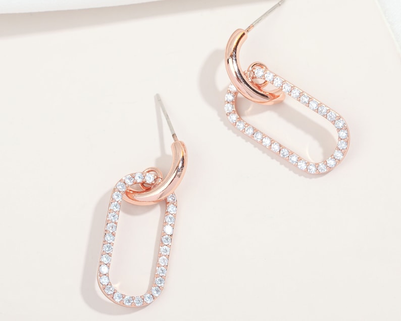 feather light,Cubic Zirconia,Statement Earrings,Sterling Silver Post Oval Hoop Earrings Bridesmaid Gift,14K Rose Gold Plated,Alicia Bonnie