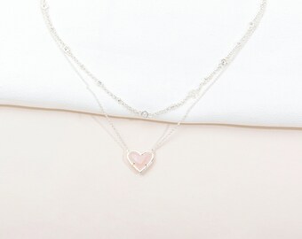 Rose Quartz Heart Pendant Silver Tone Multi-Strand Necklace •Gift for Her • Love Heart Pendant Necklace • Alicia Bonnie