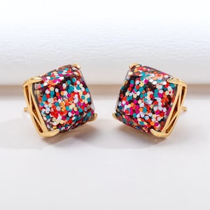 Multi Color Glitter Square Stud Earrings • Sugar Cube Everyday Earrings • Minimalist Earrings • Sterling Silver Posts • Alicia Bonnie