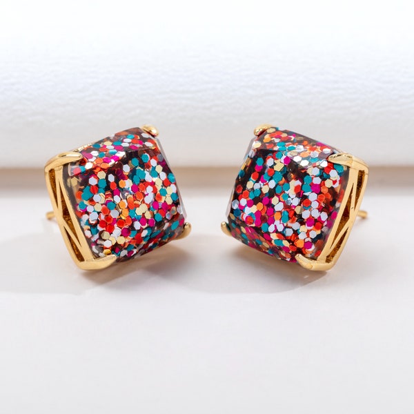 Multi Color Glitter Square Stud Earrings • Sugar Cube Everyday Earrings • Minimalist Earrings • Sterling Silver Posts • Alicia Bonnie