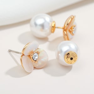 Orecchini a bottone in madreperla naturale, zirconi cubici, perno in argento sterling, regalo per damigella d&#39;onore, placcato oro 14 carati, Alicia Bonnie