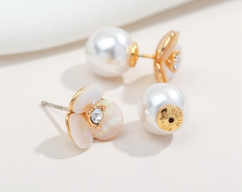 Nature Mother of Pearl, Cubic Zirconia, Pearl Stud Earrings,Sterling Silver Post, Bridesmaid Gift, 14K Gold Plated, Alicia Bonnie