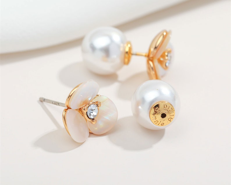 Nature Mother of Pearl, Cubic Zirconia, Pearl Stud Earrings,Sterling Silver Post, Bridesmaid Gift, 14K Gold Plated, Alicia Bonnie 