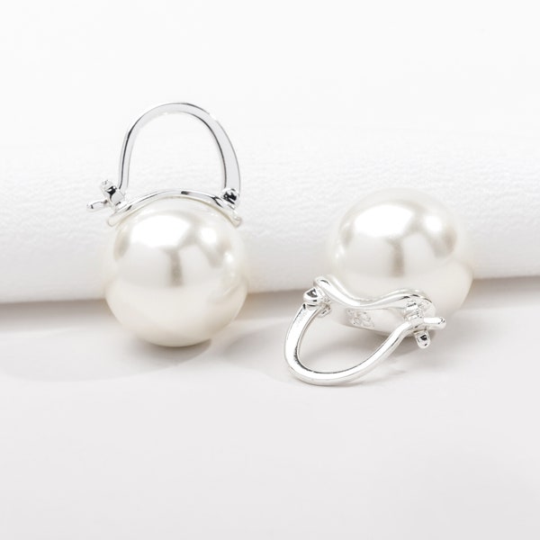 Pearl Huggie Hoop Earrings • Silver Huggie Earrings • Pearl Drop Earrings • Wedding Bridesmaids Jewelry • Alicia Bonnie