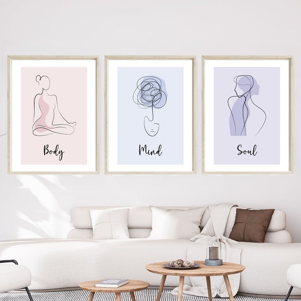 3set Line Drawing Mind Body Soul Printable Wall Art Trio Aura Spiritual Poster Trendy Wall Art Body DIGITAL DOWNLOAD