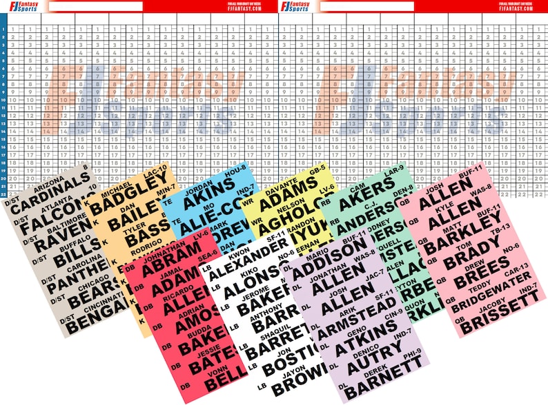 May include: A grid of squares with different coloured squares representing different NFL teams. Each square has the team name and abbreviation. The squares are arranged in a grid with the team names listed in alphabetical order.