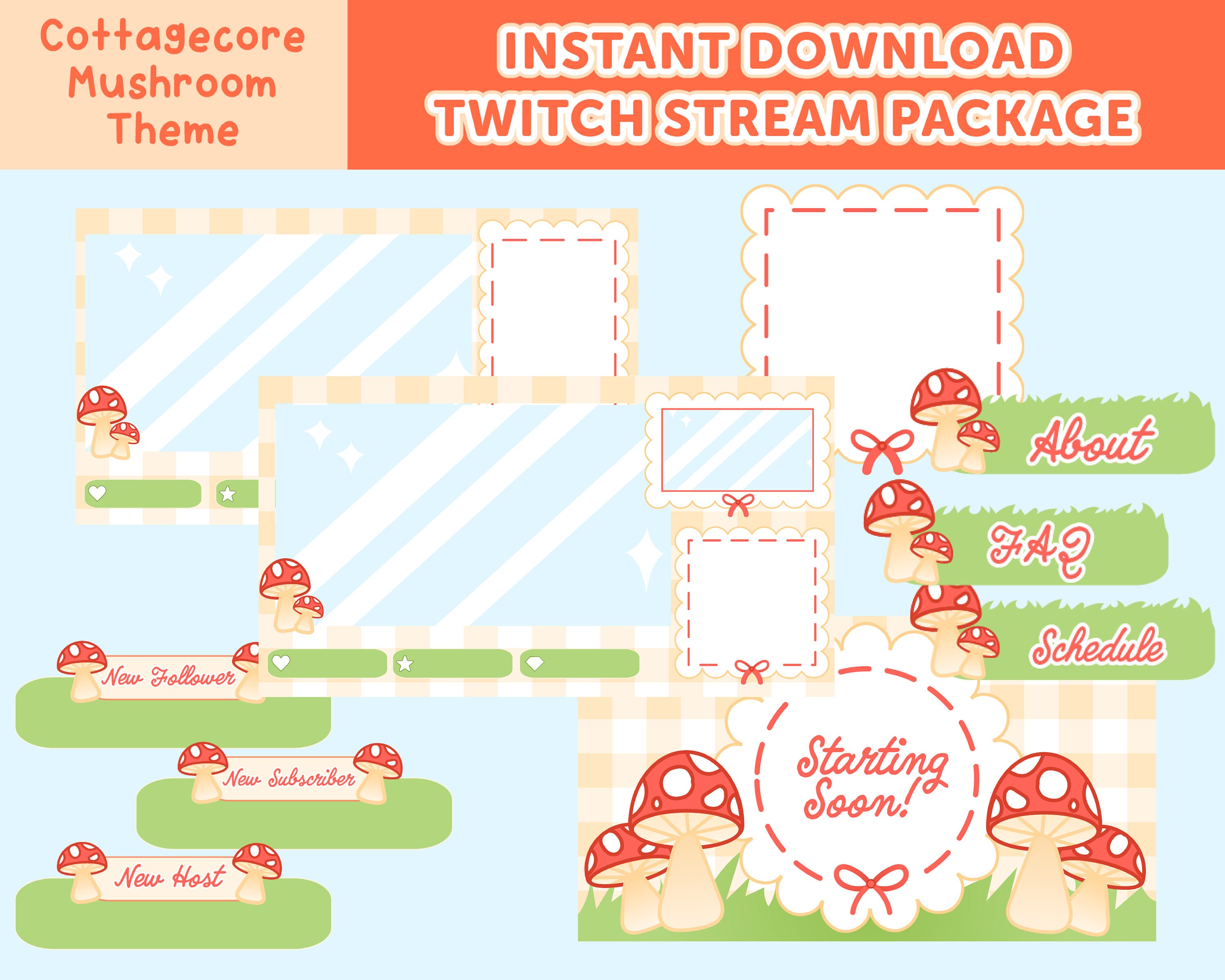 Cottagecore Mushroom Theme Panels Fairycore Chat Box Twitch Overlay Package Screens forest fairy Labels Webcam Alerts nature