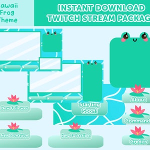 Può includere: Un pacchetto di streaming Twitch a tema rana kawaii. Il pacchetto include una varietà di sovrapposizioni, pannelli e avvisi, tutti con un design di rana carino. I colori sono turchese, blu e rosa.