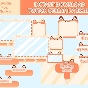 May include: A Twitch stream package with a kawaii fox theme. The package includes a variety of overlays, panels, and alerts, all featuring a cute fox design. The overlays include a starting soon screen, a chat box, and a screen for new subscribers. The panels include an about me panel, a commands panel, and a credits panel. The alerts include a new subscriber alert, a new follower alert, and a new raid alert.