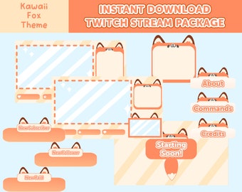 Twitch Overlay Paket | Kawaii Fox Kitsune Theme | Chat Box, Panel, Alarm, Webcam, BRB, Start Soon, Danke für das Beobachten, Animiert