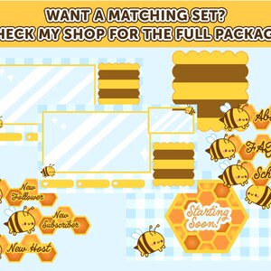 K&ouml;nnte beinhalten: Ein Set Twitch-Stream-Overlays mit einem niedlichen Bienen-Thema. Die Overlays beinhalten einen Startbildschirm, eine Benachrichtigung &uuml;ber neue Follower, eine Benachrichtigung &uuml;ber neue Abonnenten, eine Benachrichtigung &uuml;ber neue Hosts und eine Reihe von Schaltfl&auml;chen f&uuml;r &Uuml;ber uns, FAQ und Zeitplan. Die Overlays sind in einem hellblauen und gelben Farbschema mit einem Wabenmuster gestaltet.