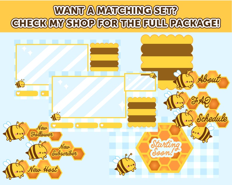 K&ouml;nnte beinhalten: Ein Set Twitch-Stream-Overlays mit einem niedlichen Bienen-Thema. Die Overlays beinhalten einen Startbildschirm, eine Benachrichtigung &uuml;ber neue Follower, eine Benachrichtigung &uuml;ber neue Abonnenten, eine Benachrichtigung &uuml;ber neue Hosts und eine Reihe von Schaltfl&auml;chen f&uuml;r &Uuml;ber uns, FAQ und Zeitplan. Die Overlays sind in einem hellblauen und gelben Farbschema mit einem Wabenmuster gestaltet.