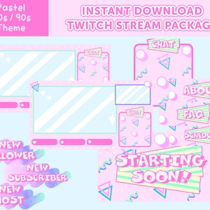 Twitch Overlay Paket | Kawaii Pastell 80er 90er Retro Thema | Chat box, Panel, Alert, BRB, Start Soon, Danke für das Beobachten, Animiert