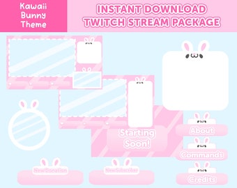 Twitch オーバーレイ パッケージ | ピンクのウサギのテーマ | かわいいチャット ボックス、パネル、アラート、ウェブカメラ、BRB、まもなく開始、ご視聴ありがとうございます、アニメーション