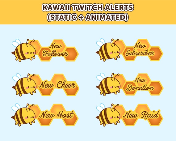 Kawaii Honey Bee Animated and Static Alerts for Twitch Gaming Stream | Aesthetic, Vector Art, Gamer Girl, yellow, bumble, honeycomb
