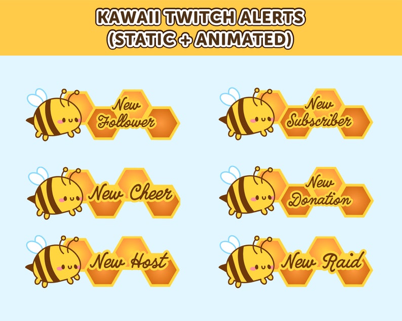 K&ouml;nnte beinhalten: Animierte Twitch-Benachrichtigungen mit einer niedlichen Cartoon-Biene vor einem Honigwaben-Hintergrund. Die Benachrichtigungen beinhalten: Neuer Follower, Neuer Abonnent, Neuer Cheer, Neue Spende, Neuer Host und Neuer Raid.