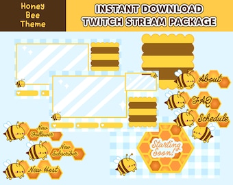 Twitch-Overlay-Paket | Kawaii Honigbiene Thema | Chat-Box, Etiketten, Panels, Warnungen, Bildschirme, Webcam, Bumble, Gelb