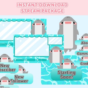 Twitch Overlay Package | Kawaii Shark Theme | Chat Box, Panel, Alert, Webcam, BRB, Starting Soon, Thanks for Watching, Animated, ocean, fish