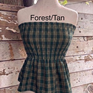 Strapless Palaka Shirred Top with peplum-Made-to-Order, Made in Hawaii, pls read entire description—MORE COLORS AVAILABLE-see other listings Forest/Tan