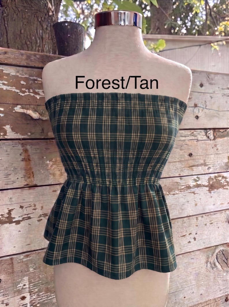 Strapless Palaka Shirred Top with peplum-Made-to-Order, Made in Hawaii, pls read entire description—MORE COLORS AVAILABLE-see other listings Forest/Tan