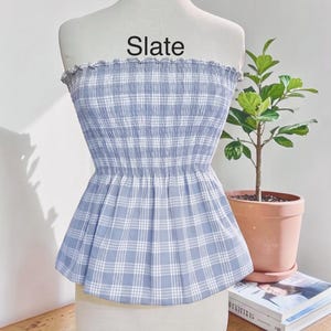 Strapless Palaka Shirred Top with peplum-Made-to-Order, Made in Hawaii, pls read entire description—MORE COLORS AVAILABLE-see other listings Slate