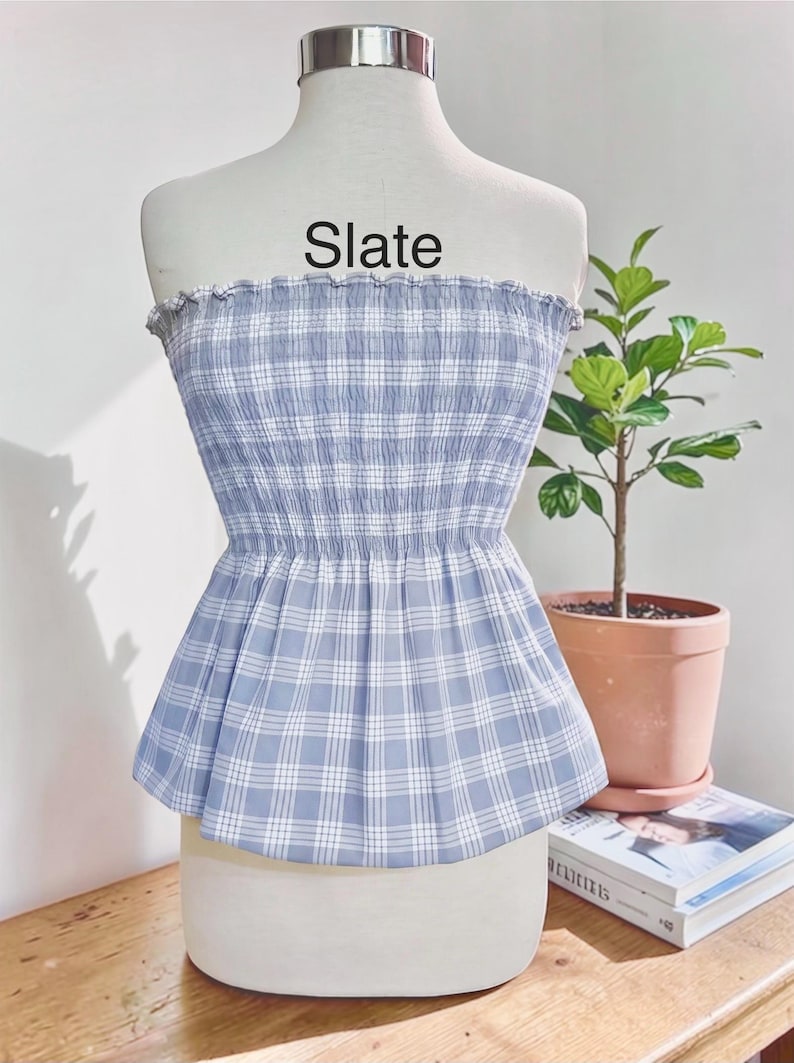 Strapless Palaka Shirred Top with peplum-Made-to-Order, Made in Hawaii, pls read entire description—MORE COLORS AVAILABLE-see other listings Slate