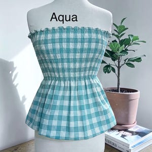 Strapless Palaka Shirred Top with peplum-Made-to-Order, Made in Hawaii, pls read entire description—MORE COLORS AVAILABLE-see other listings Aqua