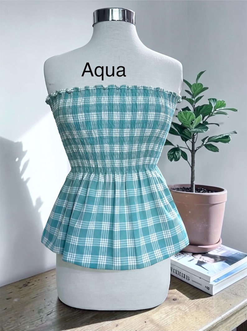Strapless Palaka Shirred Top with peplum-Made-to-Order, Made in Hawaii, pls read entire description—MORE COLORS AVAILABLE-see other listings Aqua