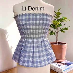 Strapless Palaka Shirred Top with peplum-Made-to-Order, Made in Hawaii, pls read entire description—MORE COLORS AVAILABLE-see other listings Light Denim