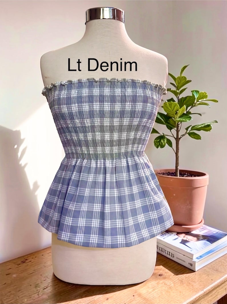 Strapless Palaka Shirred Top with peplum-Made-to-Order, Made in Hawaii, pls read entire description—MORE COLORS AVAILABLE-see other listings Light Denim